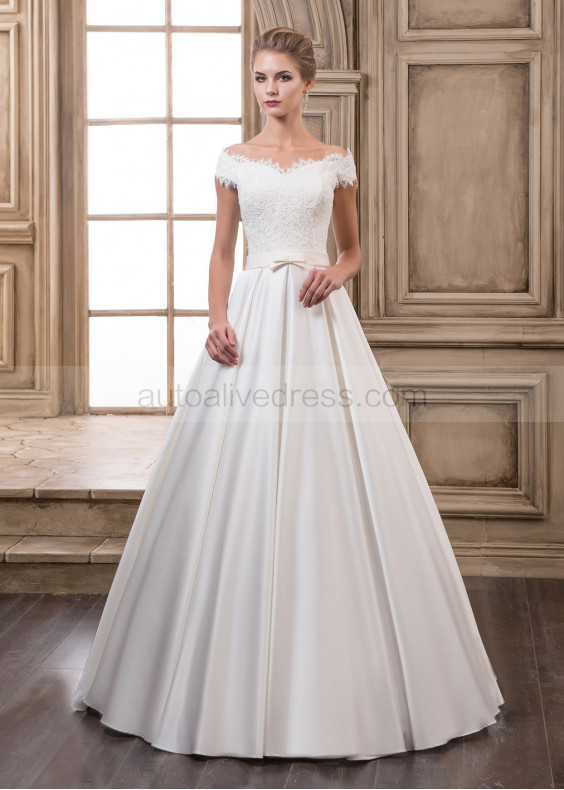 Off Shoulder Ivory Lace Satin Wedding Dress